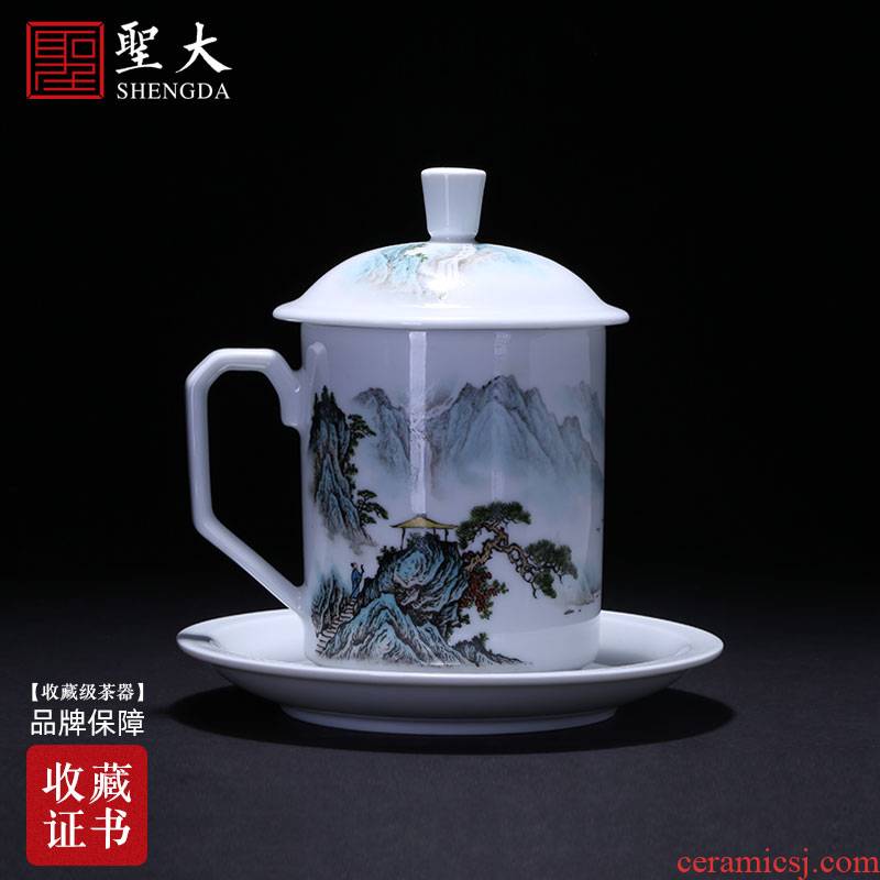 Holy big office cup hand - made ceramic pastel landscape double painting with cover cup boss cup tea cup of jingdezhen tea service