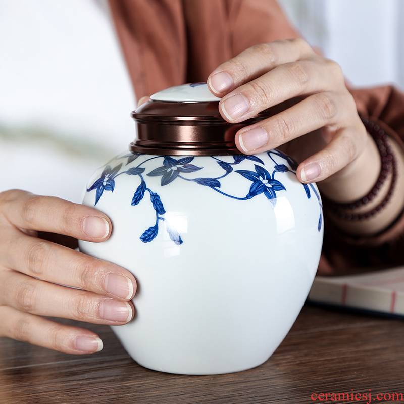 Micro view jingdezhen blue and white porcelain of song dynasty blue Chinese style restoring ancient ways the metal seal caddy fixings half jins to storage tank