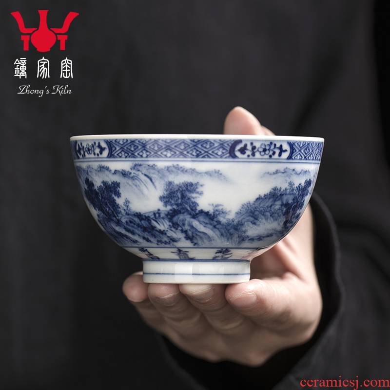 Clock home up jingdezhen blue and white landscape master cup kunfu tea cups hand - made maintain single CPU personal tea bowl