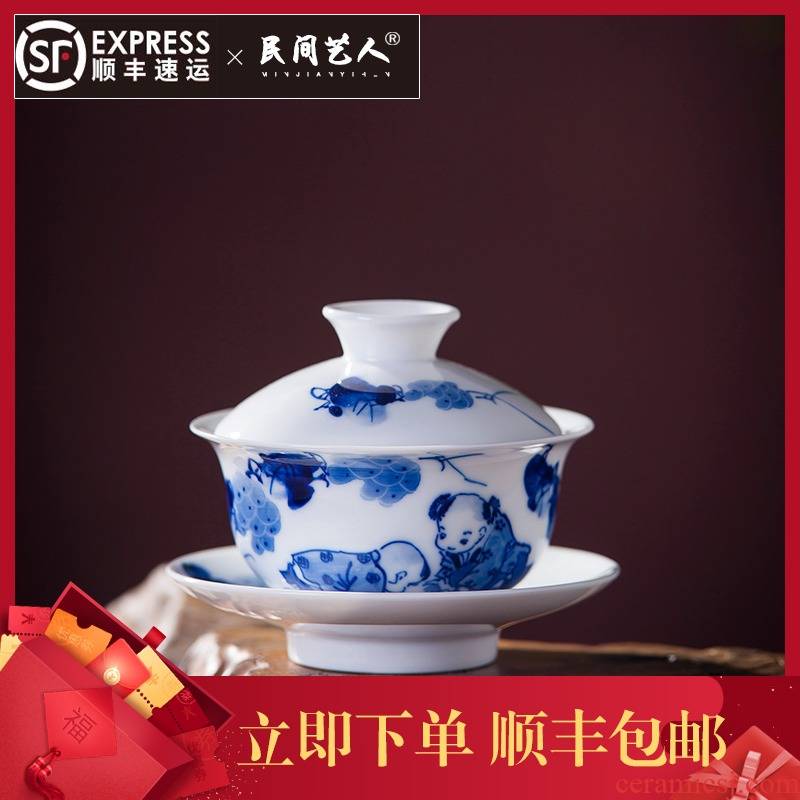 Jingdezhen ceramic hand - made tureen blue - and - white kung fu tea set three to bowl and tea cups, tea table joker