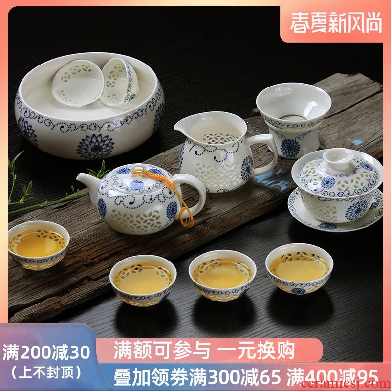 Blue and white porcelain tea set exquisite household honeycomb hollow out a whole set of ceramic kung fu tea teapot teacup tureen