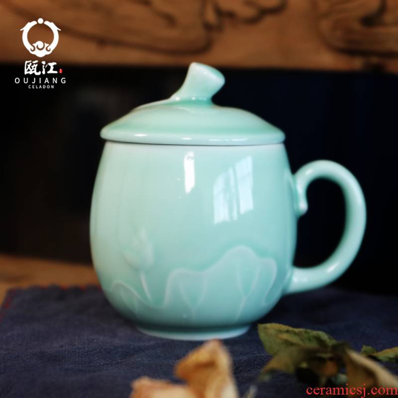 Oujiang longquan celadon teacup ceramic cups with cover glass office green tea tea cup single cup tea cup
