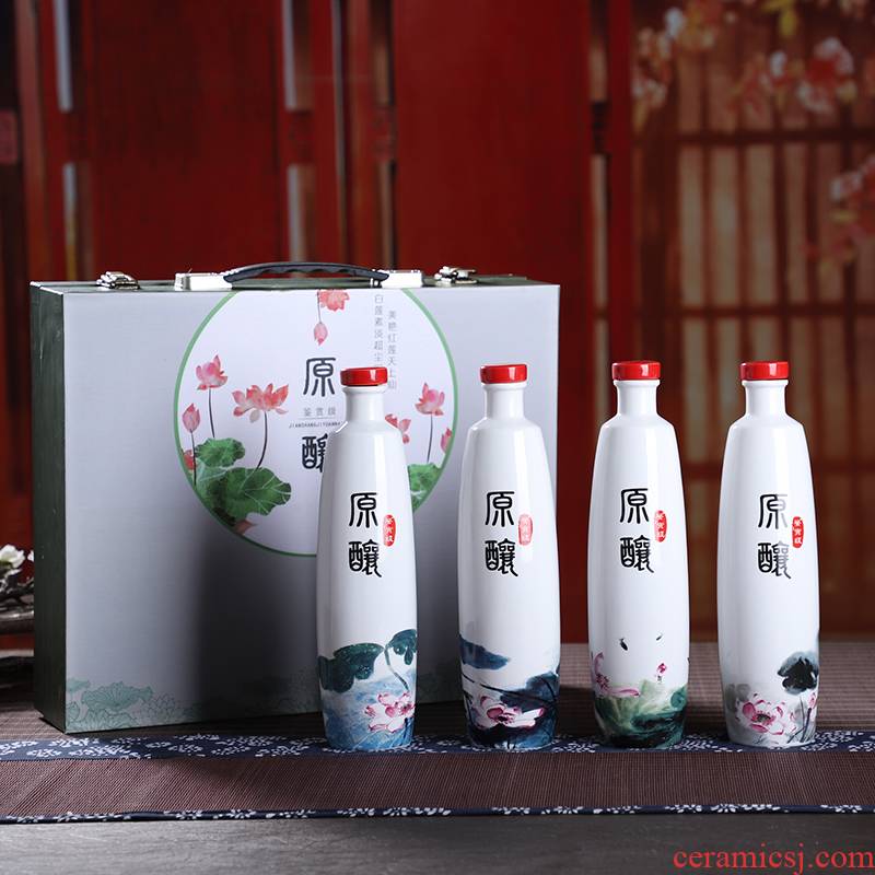 The Empty bottles of jingdezhen ceramic household seal belt box gift Chinese style restoring ancient ways liquor pot lotus 1 catty