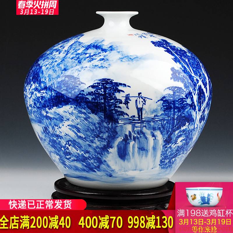 Jingdezhen blue and white landscape painting big celebrity virtuosi Wu Wenhan hand - made ceramics vase penjing collection certificate