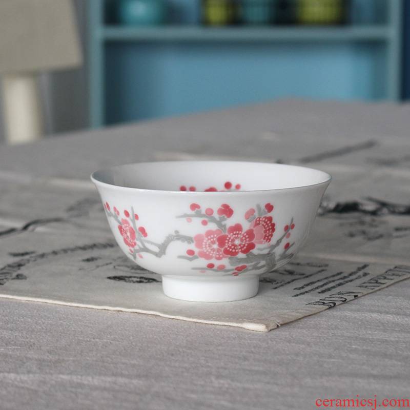 China red porcelain up with hong mei 8 only good job hand - made 4.5 - inch household use under glaze color porcelain gifts