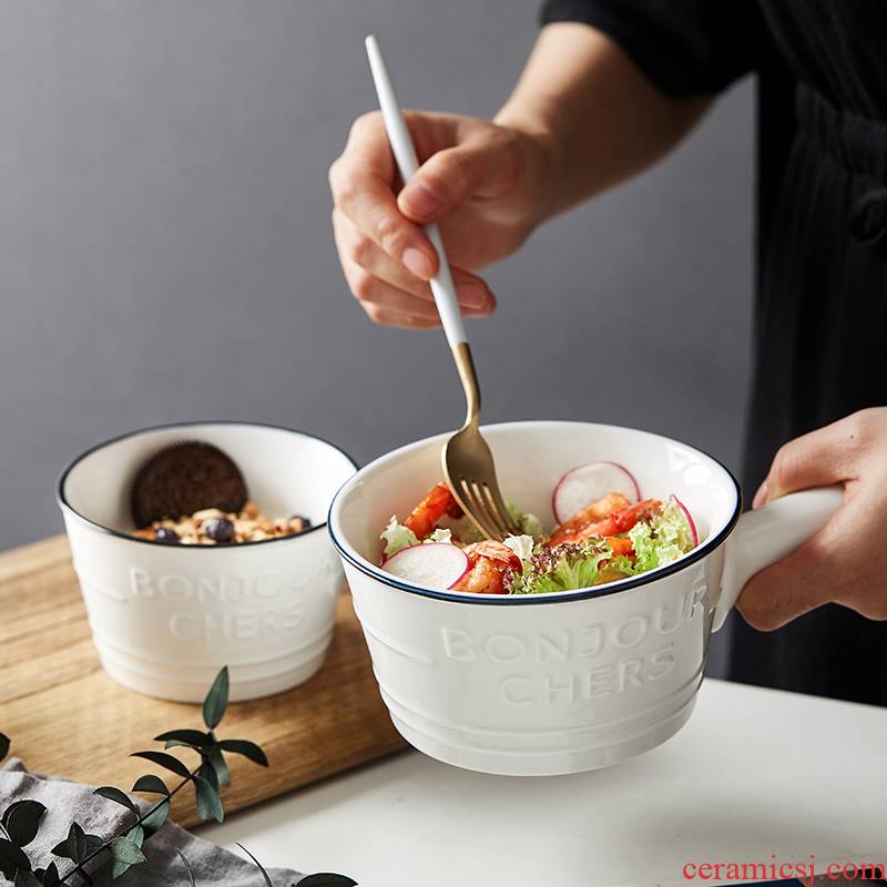 The black ceramic tableware take breakfast cereal bowl household bowl dessert contracted creative handle one bowl of food dishes