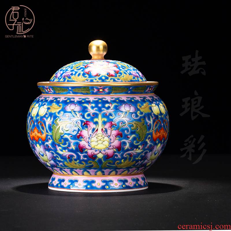 Checking out tea sets jingdezhen ceramics colored enamel paint heavy dark blue caddy fixings gifts for storage tank