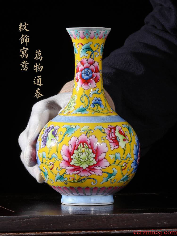 Jingdezhen ceramic vase YangShiQi archaize to pastel yellow and name it 's lotus pattern design of Chinese style porch place