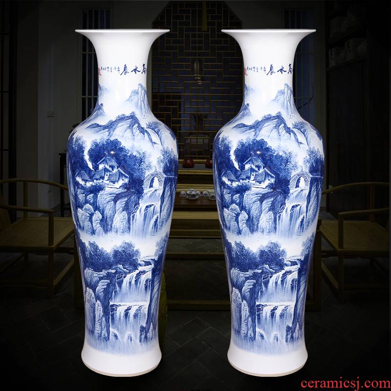 Jingdezhen ceramics hand - made landscape painting of large blue and white porcelain vase Chinese style living room TV cabinet porch place