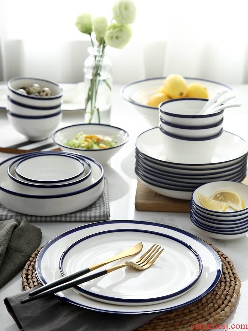 Northern wind under simple dishes suit household jingdezhen 秞 blue bowl chopsticks Japanese ceramic plate