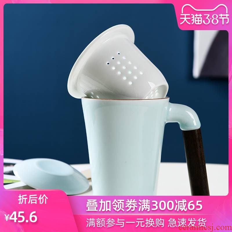 Ceramic office cup home hand with wooden handle with cover the tank filter large capacity water separation business tea tea cup