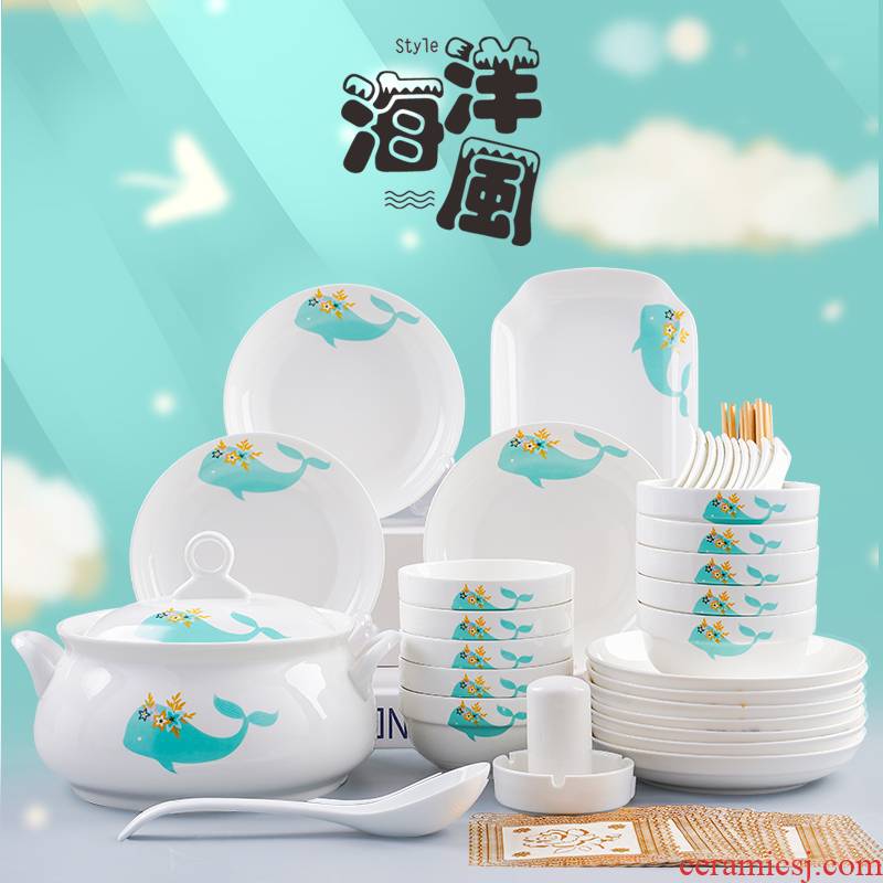 Jingdezhen dishes suit creative bowl chopsticks noodles soup bowl dish fish dish combination ten bowl dish of household ceramic tableware