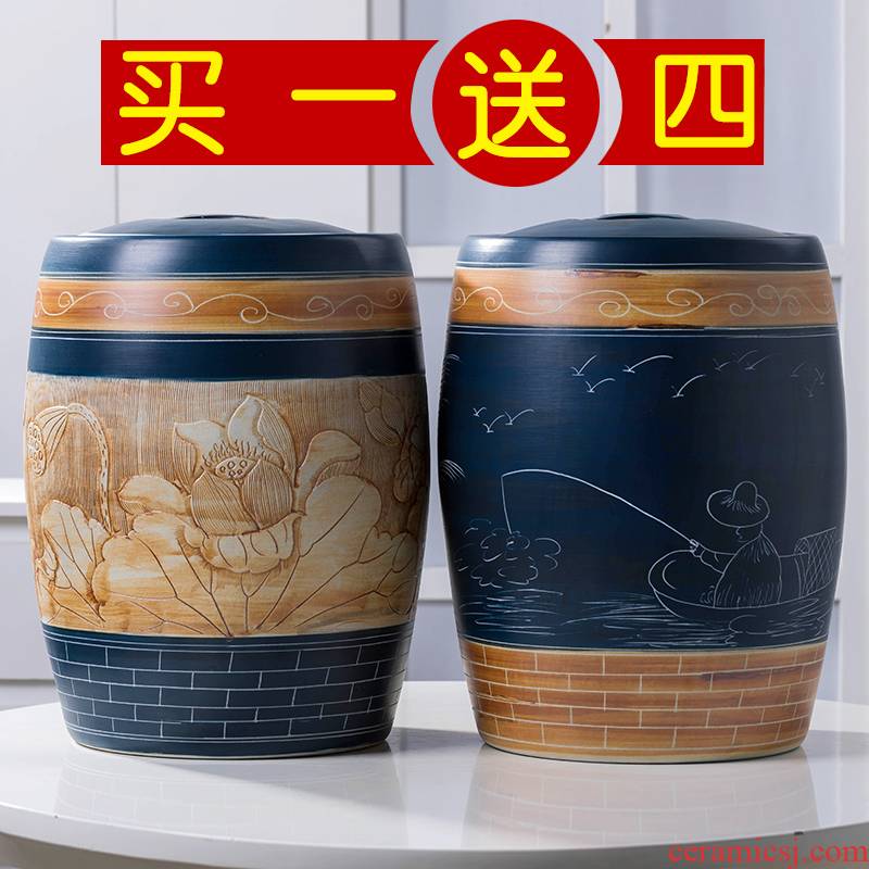 Jingdezhen ceramic barrel rice bucket 30/50 jin household rice storage box with cover seal insect - resistant moistureproof tank