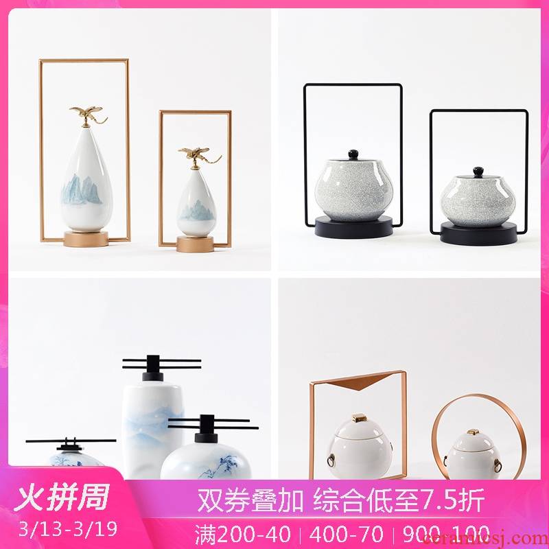 Modern sample room interior rich ancient frame wine porch light key-2 luxury new Chinese arts and crafts porcelain pot decorative furnishing articles