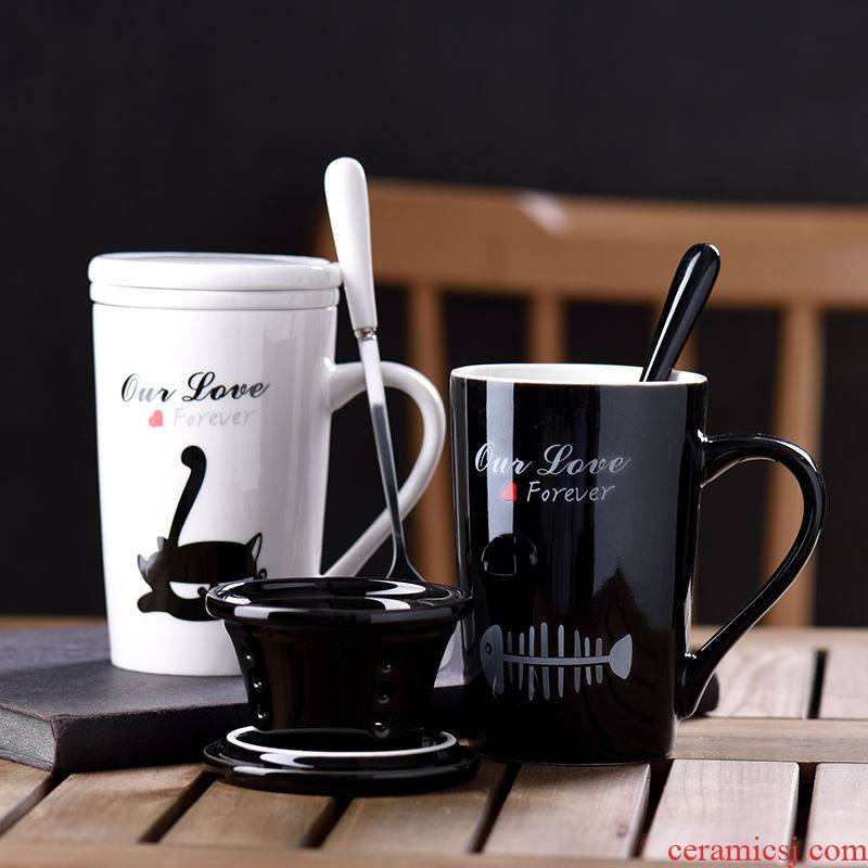 Couples creative ceramic cup han edition mark cup with cover spoon, milk cup cup glass office cat cup for breakfast
