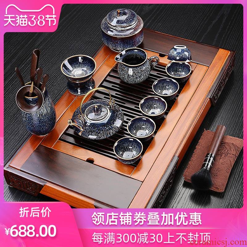 Japanese tea kungfu tea set a small set of ceramic modern contracted solid wood tea tray teapot teacup suit of a complete set of the home