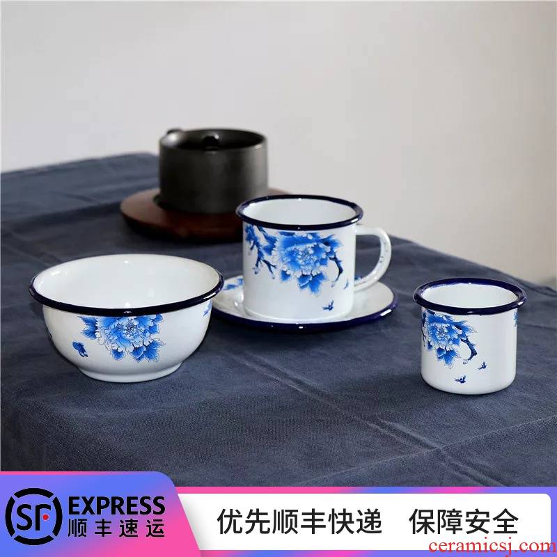 Enamel with freight insurance 】 【 Chinese style suit of blue and white porcelain cup dishes old Enamel covered 4 times