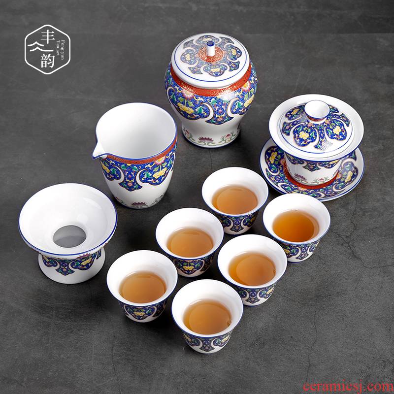 Archaize colored enamel three tureen large single kung fu tea cup only blue and white porcelain tea set gift box set the teapot