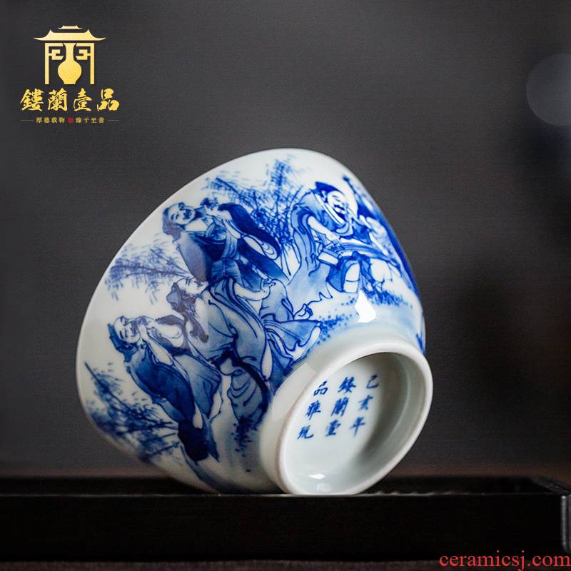 Jingdezhen maintain full blue and white bamboo seven sages hand - made ceramic masters cup kung fu tea sample tea cup charm of single CPU