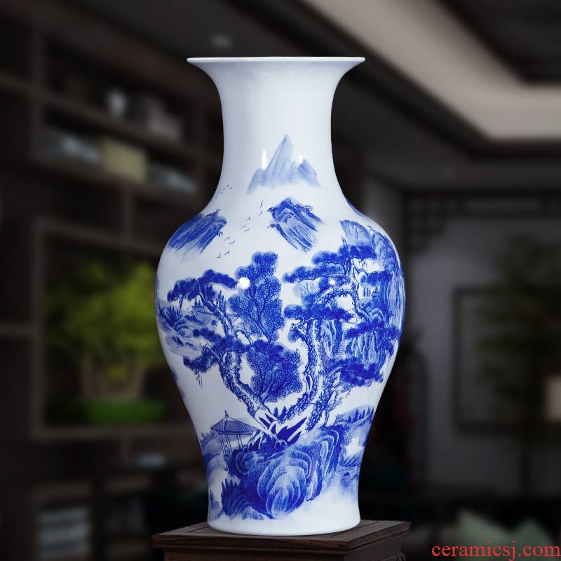 Jingdezhen ceramics landscape painting large blue and white porcelain vases, flower arrangement antique Chinese style household, hotel floor furnishing articles