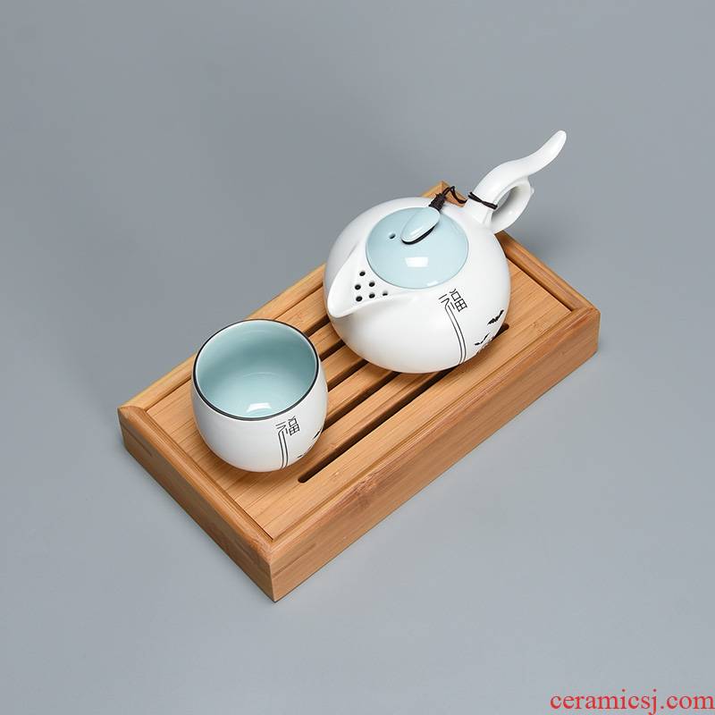1 jun ware fat Bai Ding inferior smooth porcelain up kung fu tea set a pot of a small set of characteristics of bamboo tea tray