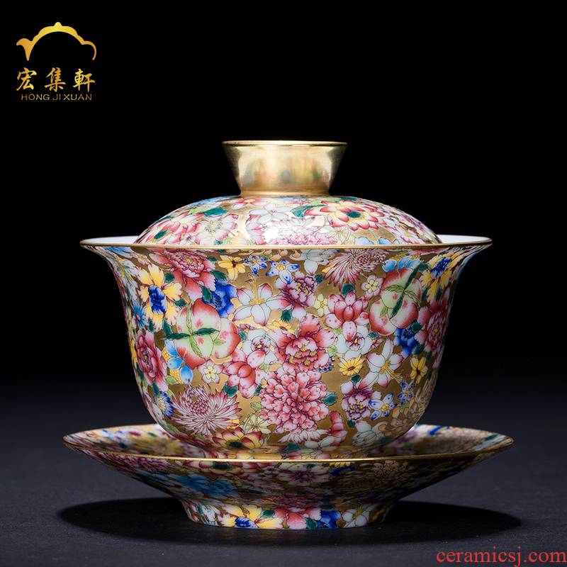 Only three tureen jingdezhen ceramic powder enamel enamel Mosaic gold cups to flower tea bowl of sweet white kung fu tea set