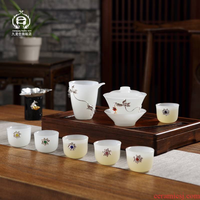 DH jingdezhen ceramic tea set contracted and I kung fu tea tureen coloured glaze jade white porcelain cups