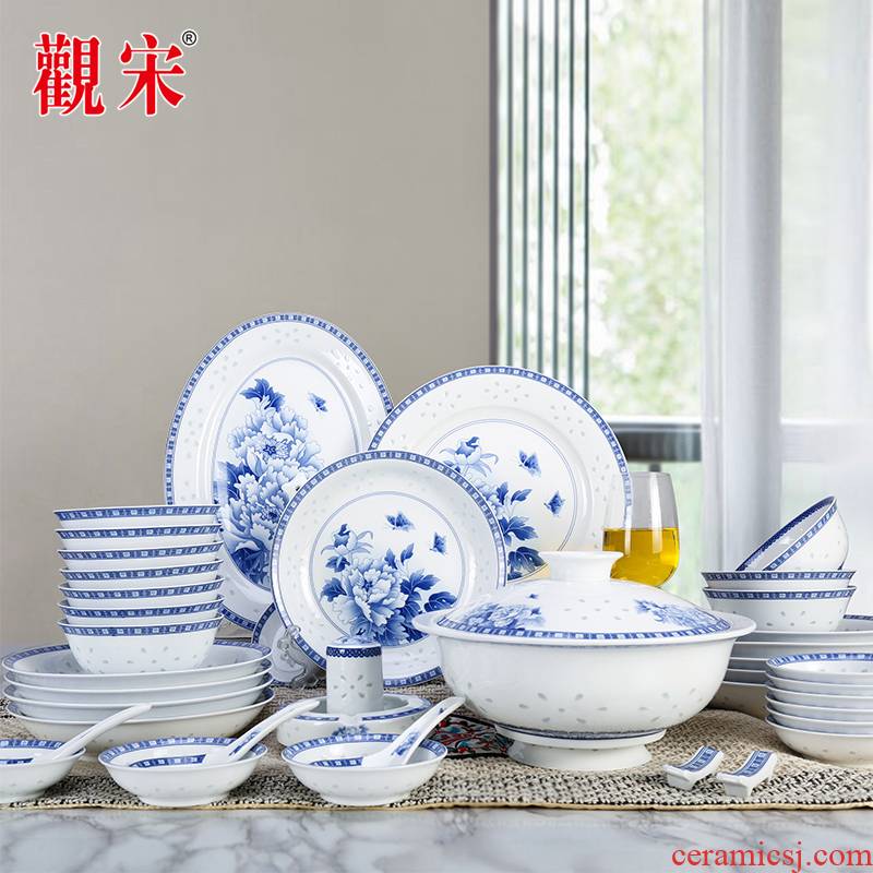 The View of song View song of jingdezhen blue and white porcelain Chinese style and exquisite manual gift ceramic tableware bowls of a complete set of equipment