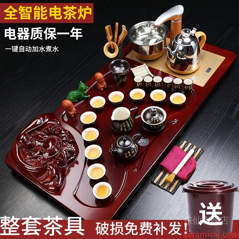 Purple sand tea set timed specials 】 【 kung fu tea set of a complete set of fully automatic electric tea stove solid wood tea tray