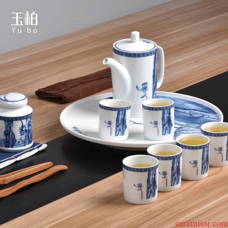 Jade cypress white porcelain of jingdezhen blue and white porcelain rhyme guests sitting room nine woolly tea set with tray