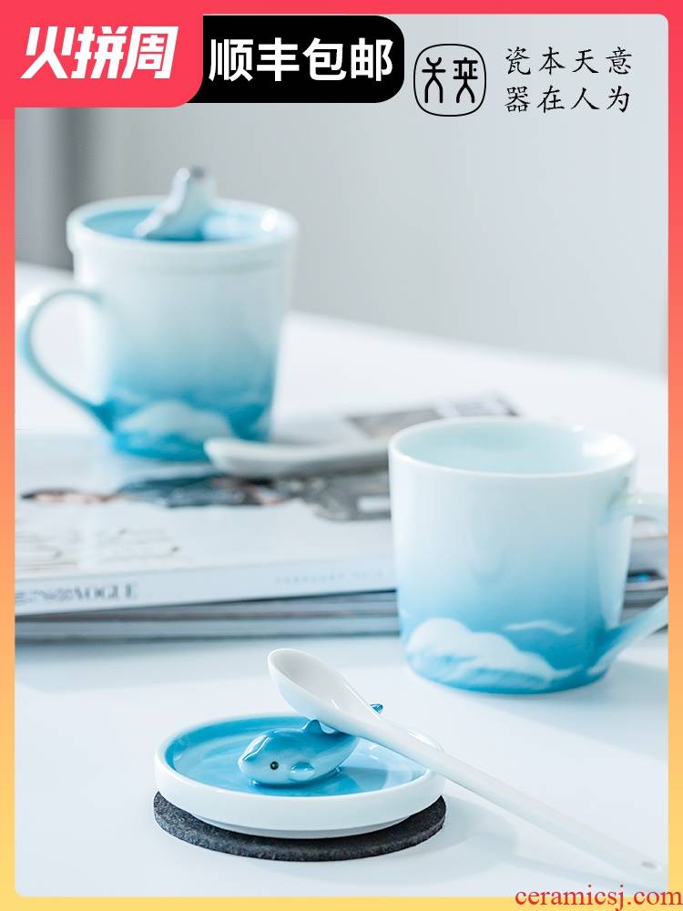 Jingdezhen ceramic keller cup with cover for a cup of coffee cup, lovely creative men and women lovers a household