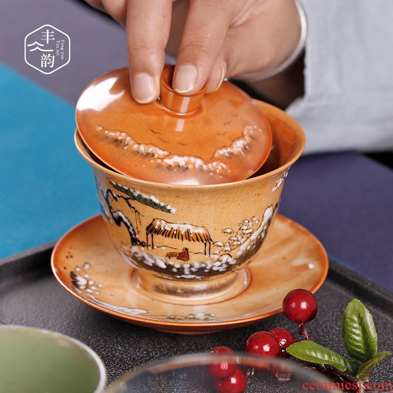 Hand - made tureen pure manual jingdezhen up three bowl large ceramic tea set tea cup single restoring ancient ways
