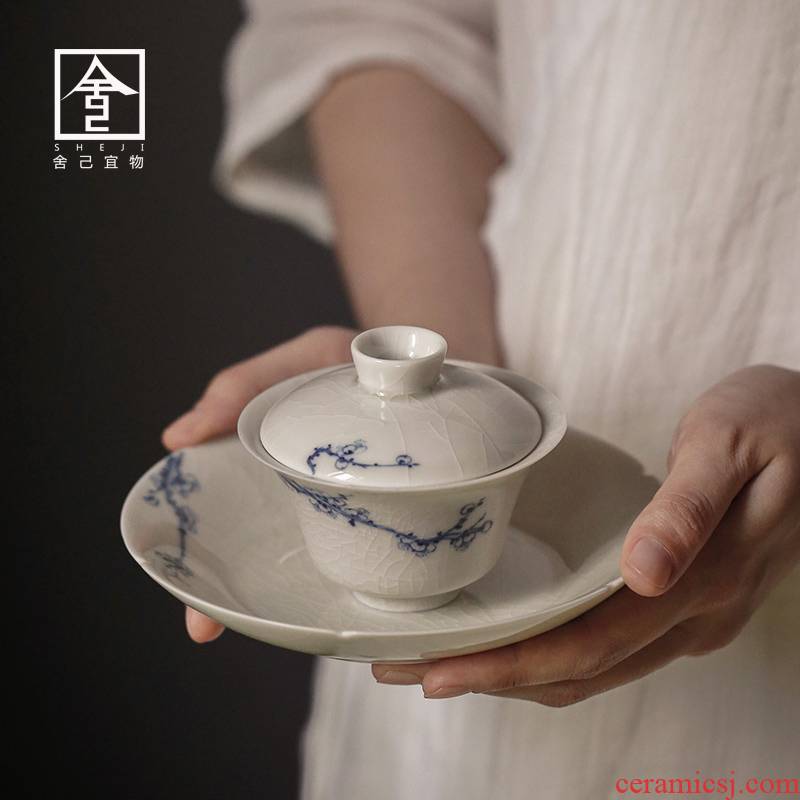 Jingdezhen left up bowl is pure manual three cups to make tea tureen single GaiWanCha ceramic kunfu tea