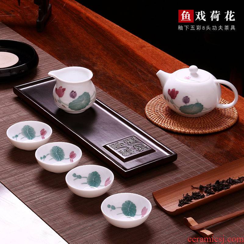Ceramic kung fu tea set under the glaze color hand - made gift tea ware office of a complete set of practical sample tea cup set 1 pot of 6 people