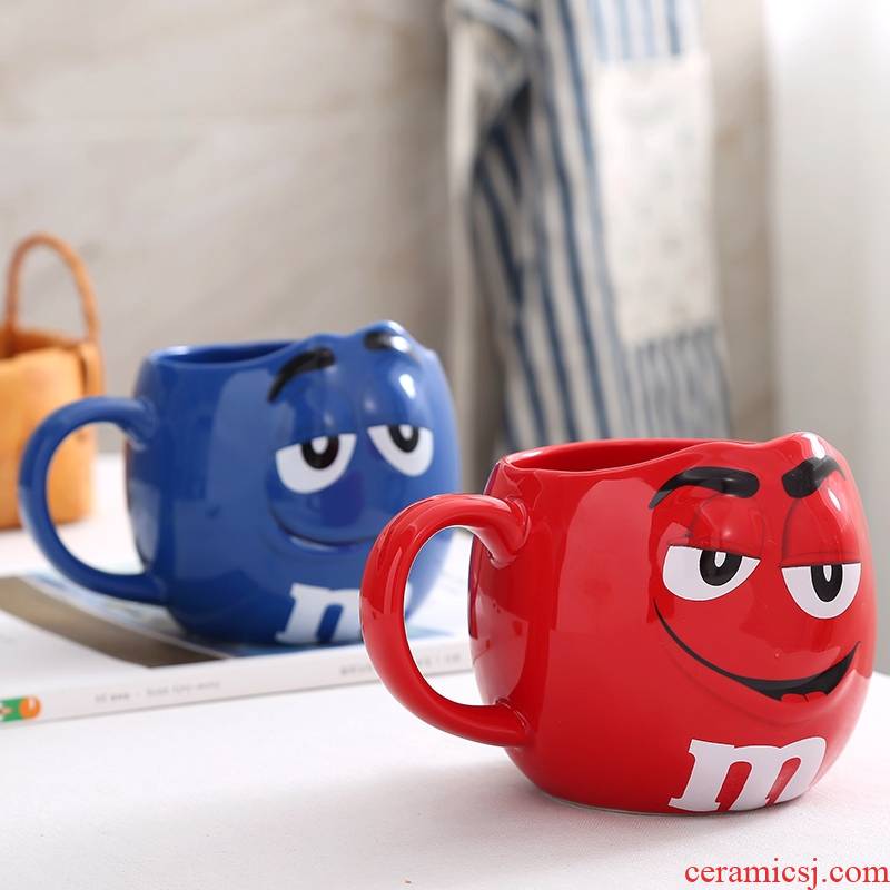 Export m beans cartoon ceramic cup high - capacity breakfast milk cup with a spoon, cup oats creative expression ceramic cup