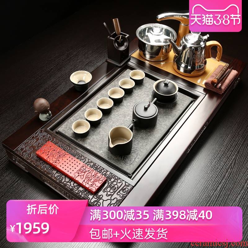Poly real (sheng ebony stone incense buner sharply kung fu tea tray ceramic tea set suit office home four unity of electric furnace