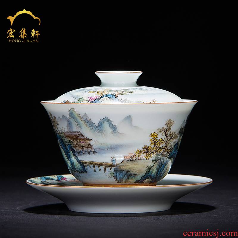 Tureen tea cup three cup of jingdezhen tea service only hand - made pastel paint landscape bowl tea kunfu tea Tureen