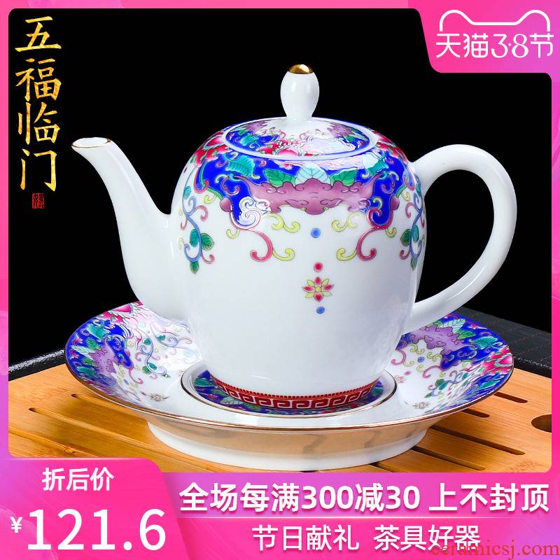 Colored enamel teapot single pot of jingdezhen ceramic household restoring ancient ways with tray hand - made kung fu tea tea is large