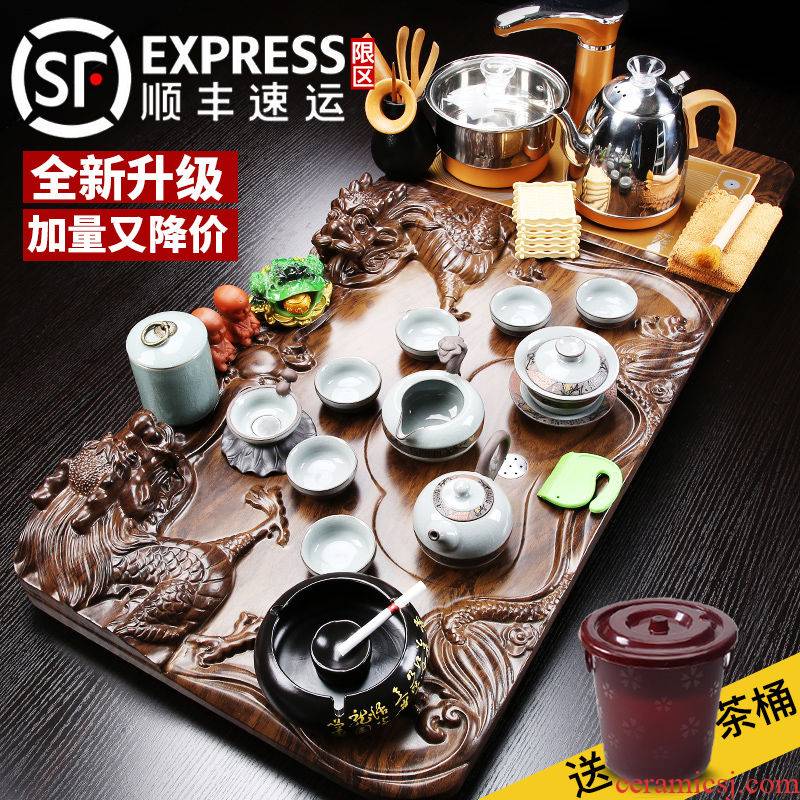 Violet arenaceous kung fu tea set suit household contracted automatic induction cooker solid wood tea tray teapot teacup set