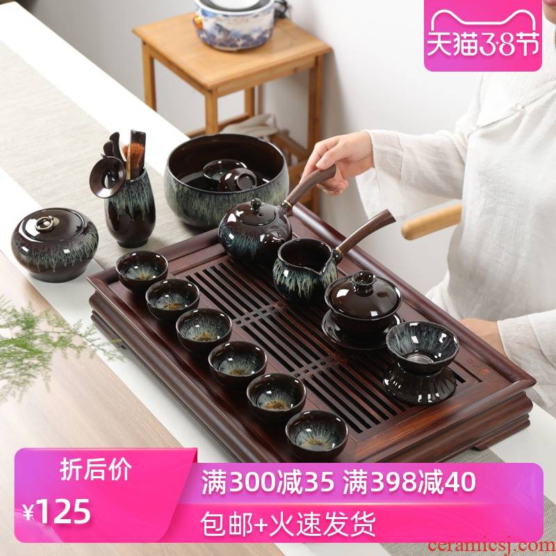 Poly real (sheng building light tea set household temmoku glaze up ceramic teapot teacup tea set of a complete set of kung fu tea tray