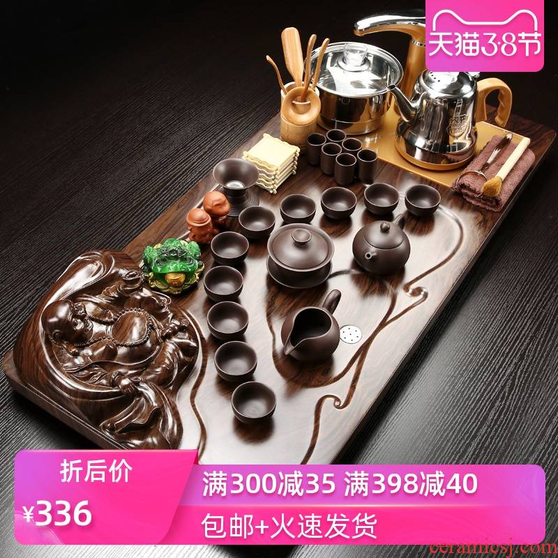Poly real (sheng automatic purple sand tea set home kung fu tea set four unity electric magnetic furnace tea table solid wood tea tray