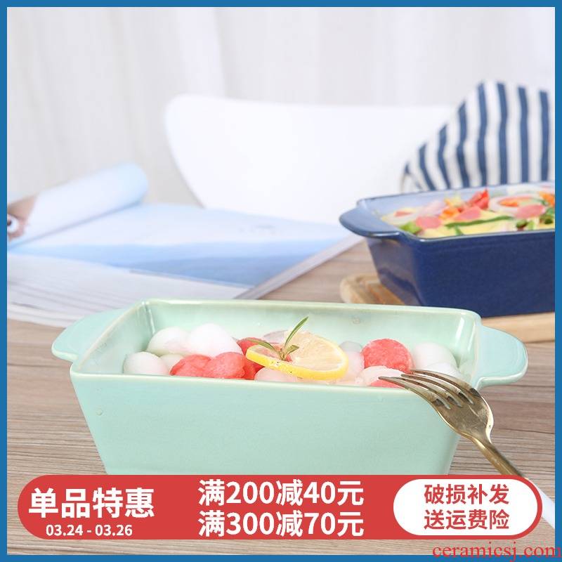 The green lotus rectangular ceramic bowl yuquan 】 【 ears for FanPan baking pan mould The microwave oven