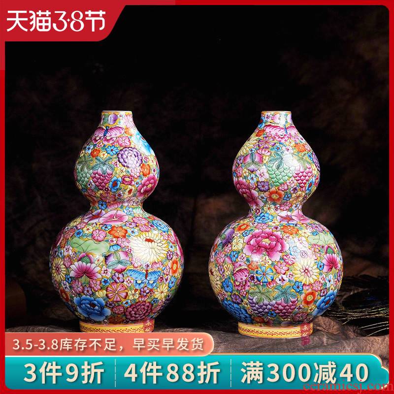 Jingdezhen ceramics hand - made archaize colored enamel flower gourd vases, Chinese arts and crafts home furnishing articles in the living room