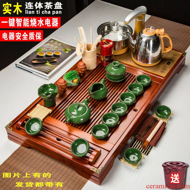 Drunk porcelain home office of a complete set of blue and white glass solid wood, purple sand pottery and porcelain kung fu tea sets automatic tea tray