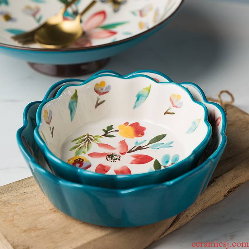Ceramic bowl under the glaze color ChunYun household tableware tea dessert to use creative high fruit bowl of salad bowl lace