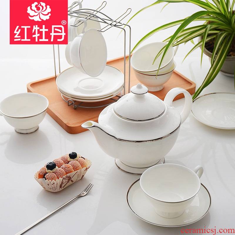 Red peony ipads porcelain cup suit household tray was European - style coffee set ceramic water with cold hot hot tea kettle