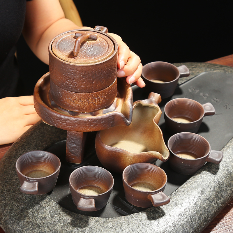Fit NiuRen household retro kung fu tea device semi - automatic fortunes imitation wood coarse ceramic tea set