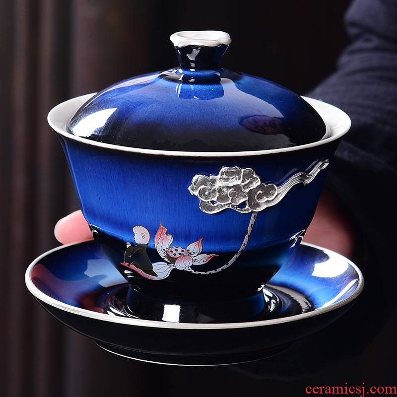A good laugh with silver sapphire blue kung fu tea tureen ji blue ceramic coppering. As silver decoration only three tureen tea bowl