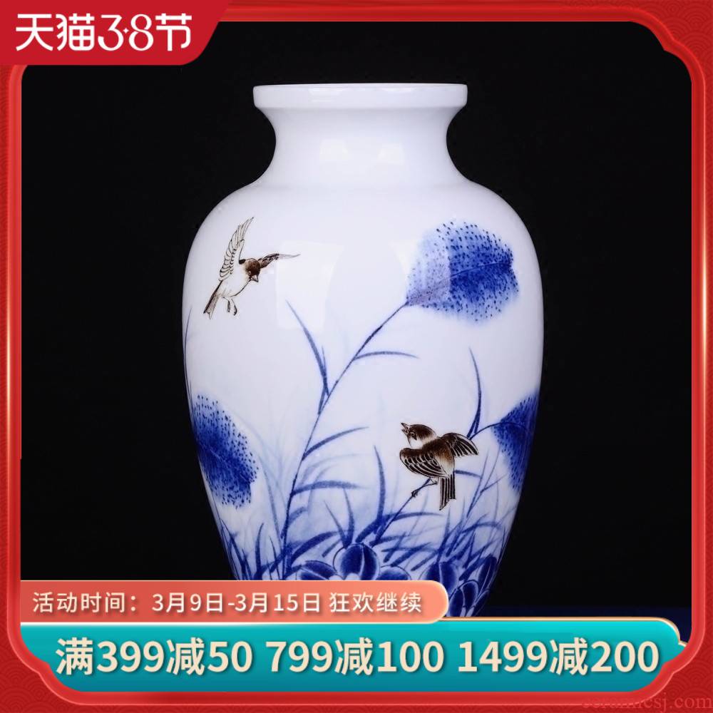 Jingdezhen ceramics thin foetus porcelain vase furnishing articles furnishing articles hand - made of blue and white porcelain painting of flowers and birds of new Chinese style living room decoration