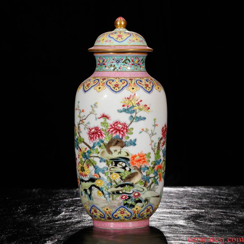 Yang Shiqi palace ceramic painting of flowers and cover pot and name